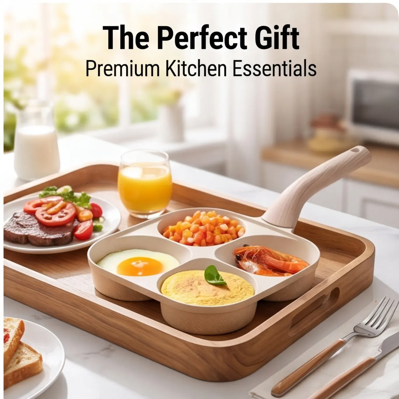 4-in-1 Household Breakfast Pan - Electric Thermostat Solar-Powered Portable Pan for Simultaneously Cooking Eggs, Burgers, Shrimp