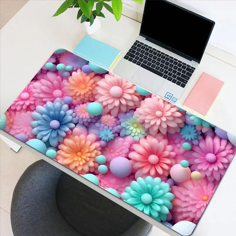 Flower Pattern Large Gaming Desk Mat, Non Slip Computer Keyboard Pad, Rubber Base Stitched Edge Desk Mat, Desk Mat For Game Home Office And Gift