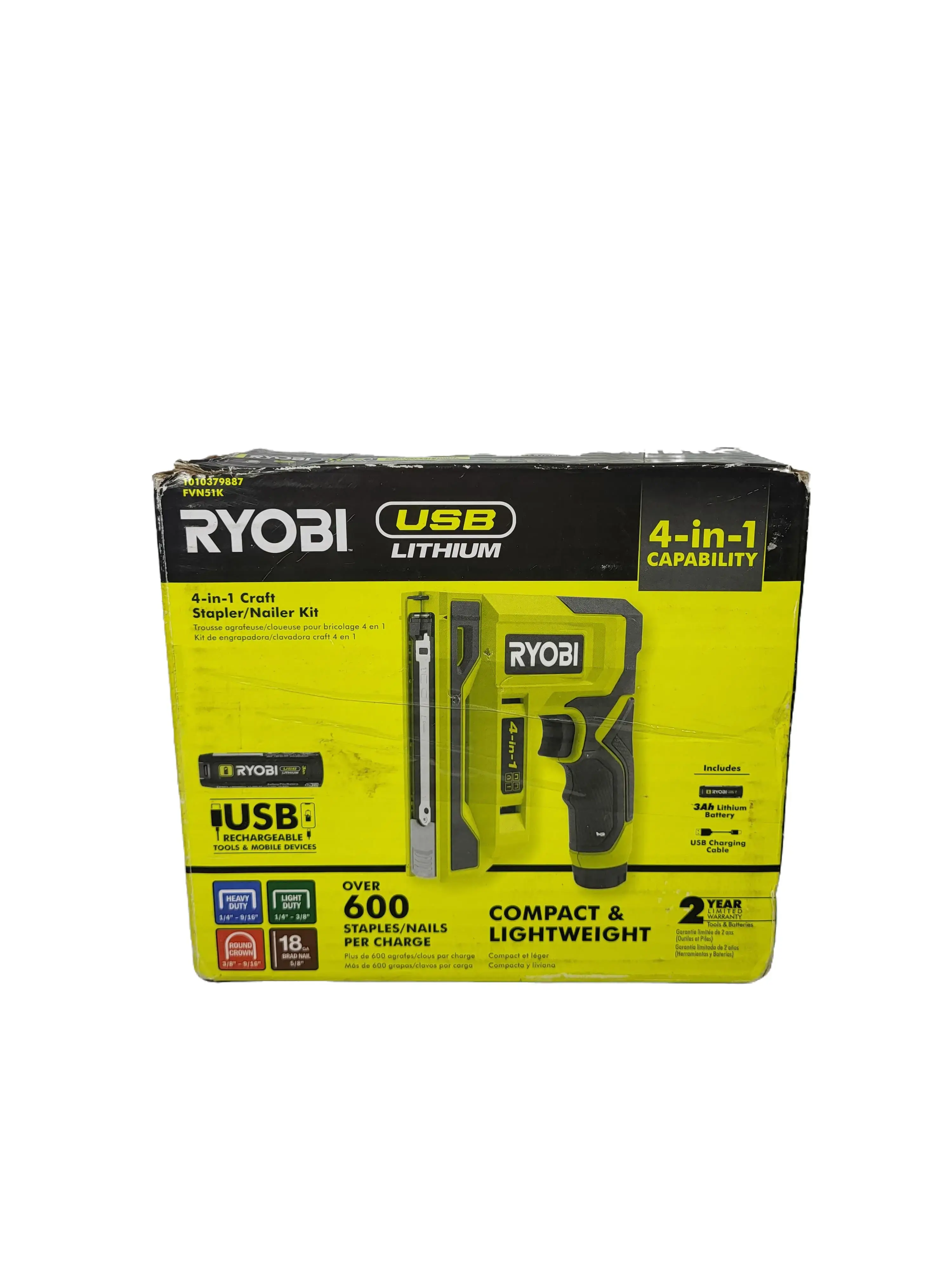 Ryobi USB Lithium Cordless Craft 4-in-1 Stapler/Nailer Kit with 3.0 Ah Battery and Charging Cable
