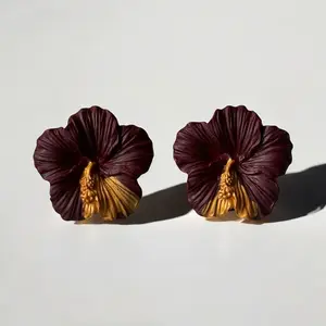 Rue & Dagger Ayiti Burgundy Hibiscus Earrings Handmade in Haiti with 304 Gold Stainless Steel Hypoallergenic Posts