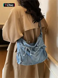 Large capacity retro denim crossbody bag, niche and simple bow design, single shoulder tote bag, solid color, multiple pockets, casual, lightweight and comfortable, versatile, suitable for work, travel, shopping, etc, Denim Messenger Bag