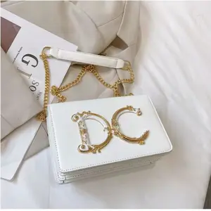 DC White Crossbody Bag with Gold Chain and Letter Design