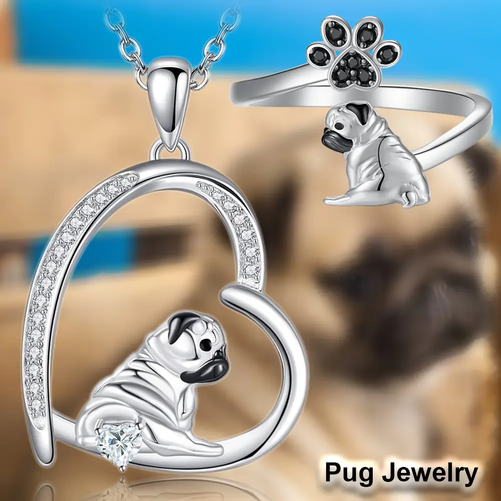 2 Pcs/Set Adorable Love Pug Shaped Alloy Jewelry Set: Cute & Stylish Pendant Necklace & Adjustable Ring Gift For Dog Lovers - Perfect For Birthdays, Christmas, Theme Parties, Festivals, Back To School & Everyday Fashion, Daily, Animals, Puppy Lover Gifts,