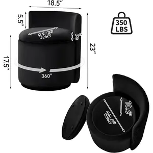 Velvet Vanity Chair with Storage, 360 °   Swivel Makeup Chair with Wave Back, No Assembly Small Accent Stool for Bedroom, Dressing, Living Room, Black