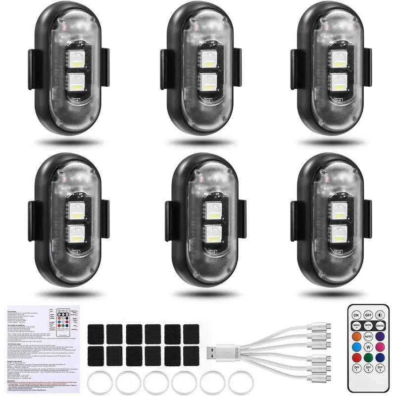 6PCS Wireless LED Lights for Car with Remote Control, Wireless LED Strobe Lights 8 Colors USB Charing IP65 Waterproof Anti-Collision Warning Light for Car Interior Truck Motorcycle Drone Aircraft Bike