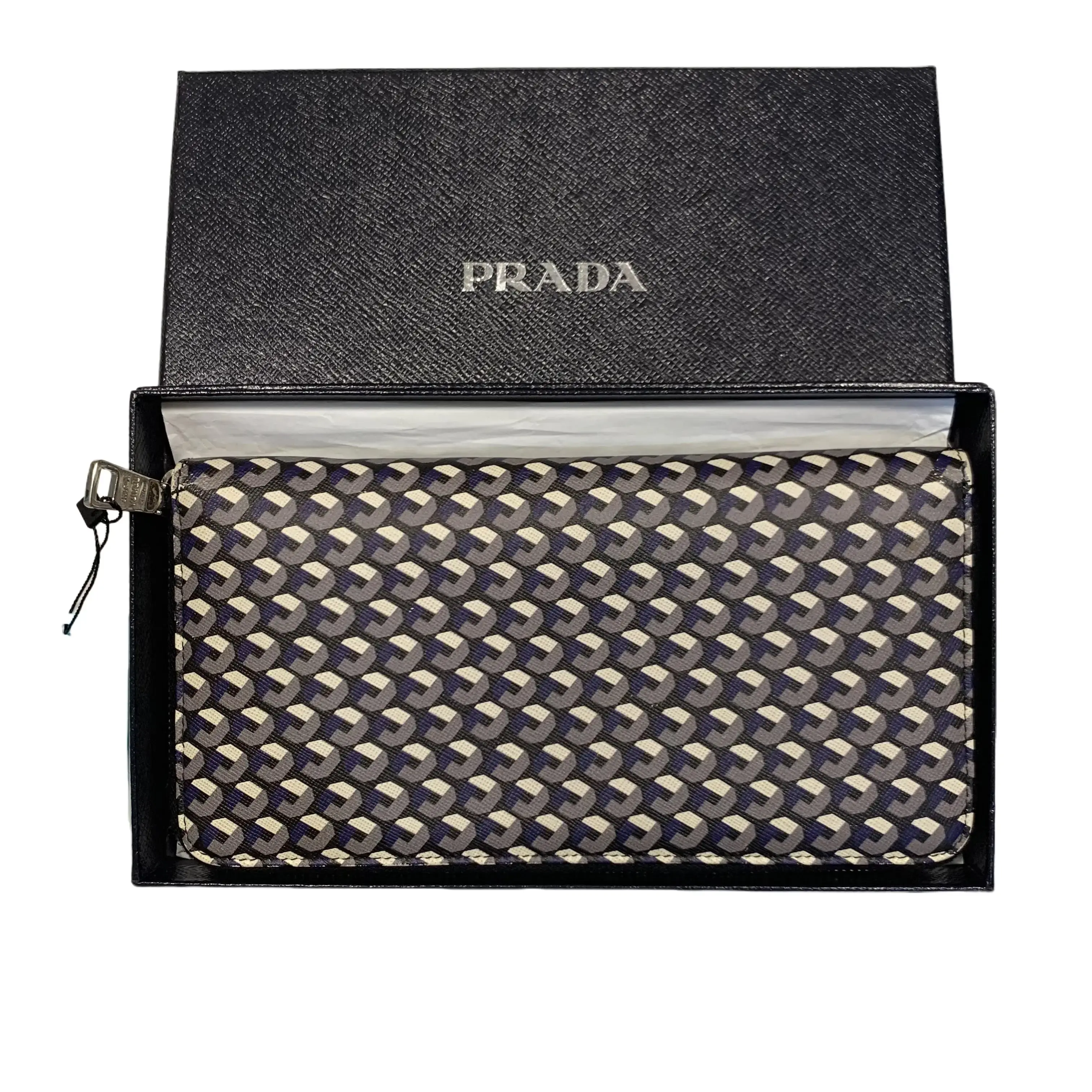 Pre-owned PRADA Printed Logo Unisex Clutch Bag (Clutches & Wristlets) with Box, Daily Outings Design, Zip Closure, Smooth Zipper, TKB00000235, Everyday Carry, 23*12Cm