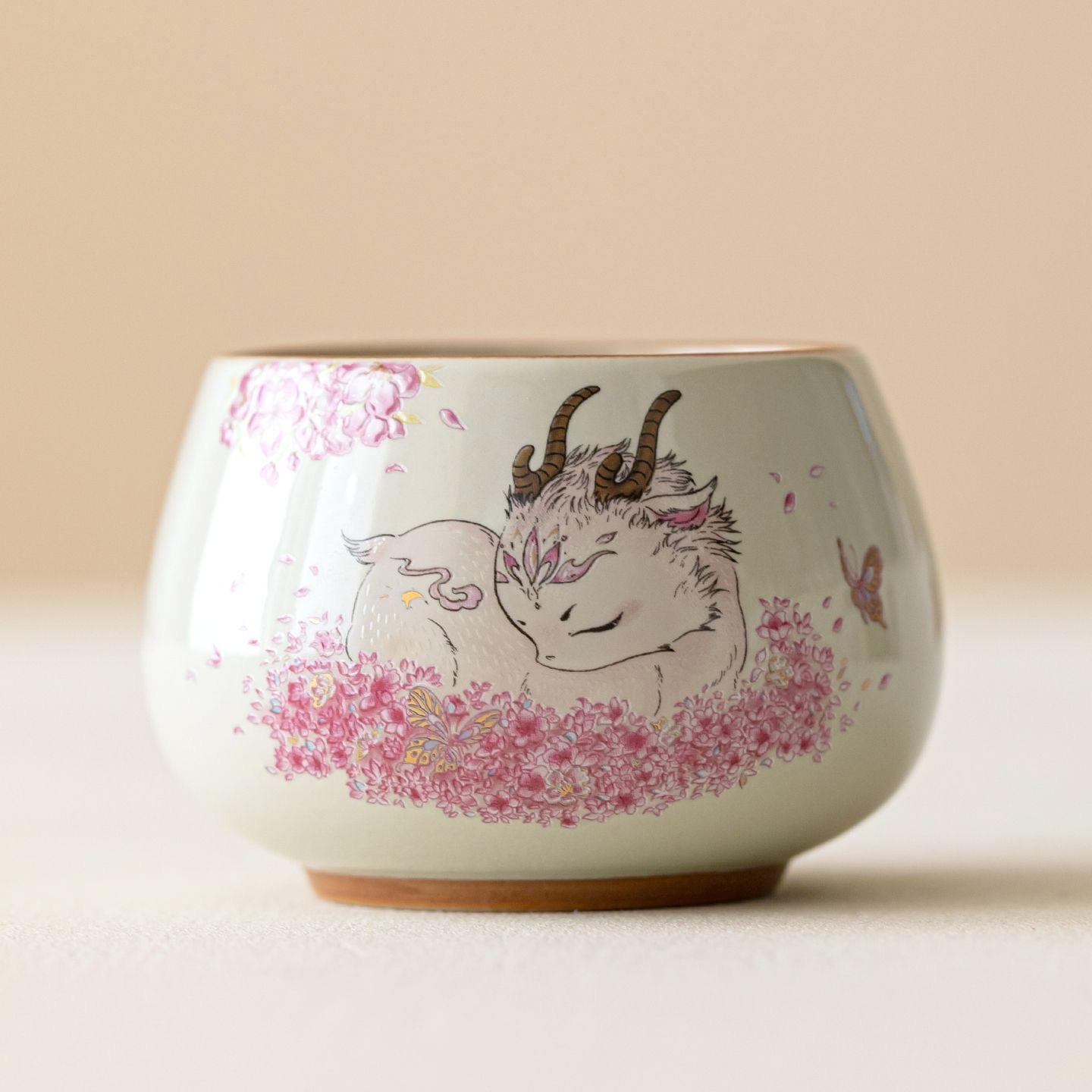A424. Cute Pink Ceramic Tea Cup with Plant Ash Glaze and Lucky Deer Design — Personalized Tea Cup