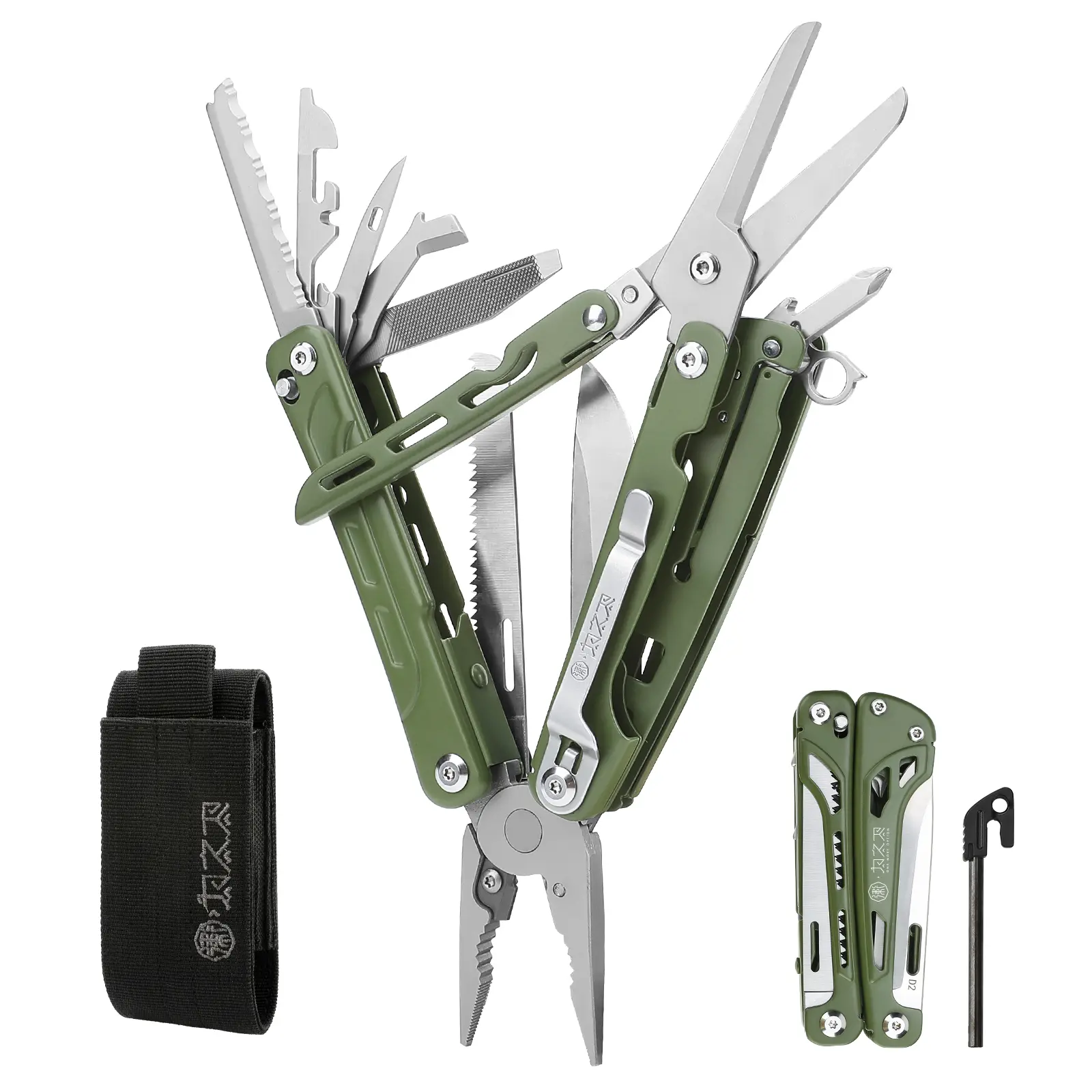 Xhandle MT-13 21-in-1 Folding Pliers EDC Multitool D2 Steel Scissors Saw Serrated Cutter Screwdriver Opener File with Keychain Hole Pocket Clip & Nylon Sheath for Camping Home Repair