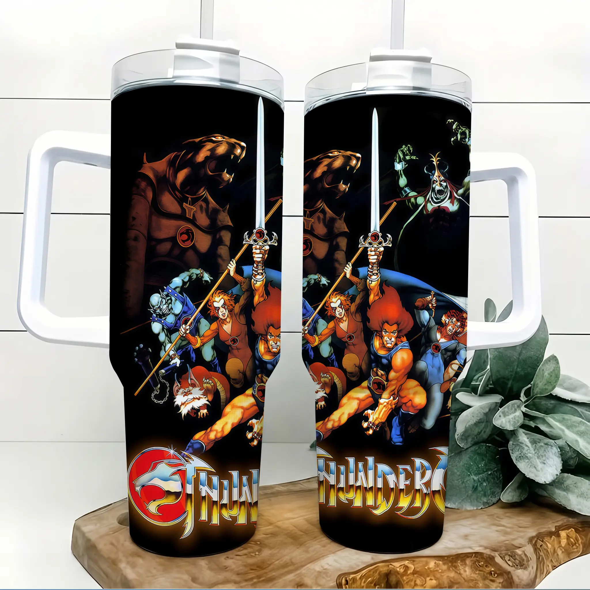 ThunderCats Inspired 40oz Insulated Tumbler with Handle and Straw Retro 80s Cartoon Lion Warrior Sword Battle Black Stainless Steel Water Bottle Travel Mug Birthday Gift for Men Cartoon Fans