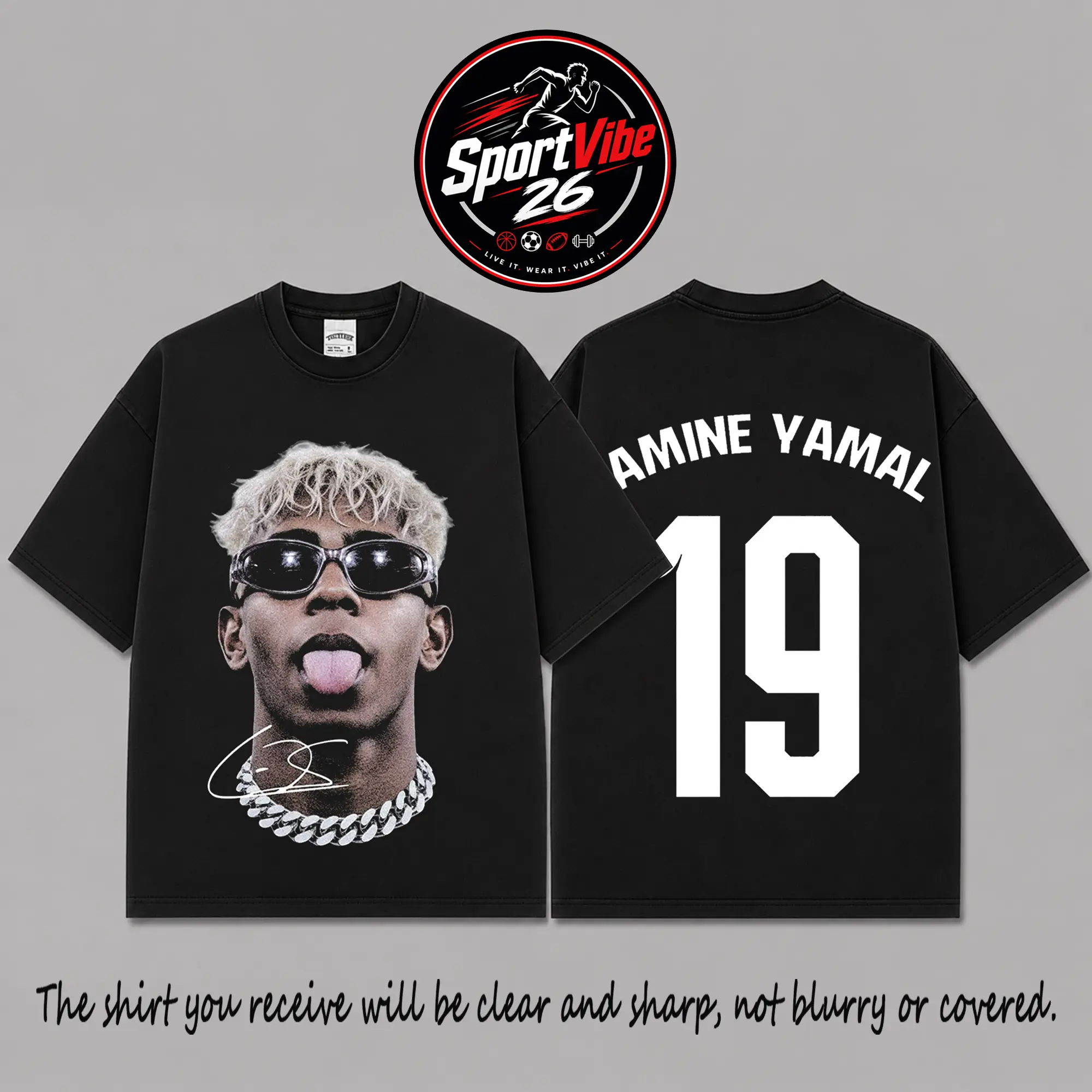 Lamine Yamal #19 Signature Portrait Premium 100% Cotton T-Shirt, Spanish Soccer Star Front and Back Print Tee, Bold Football Streetwear Apparel, Unique Gift for Yamal Fans