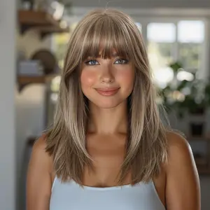 Haley -DWY New Technology! Bionic Silk Top 16-Inch Long Wave Light Tea Brown Glueless Synthetic Wig with Bangs for Women High-Quality Premium Fiber Easy Wear Comfortable Fit