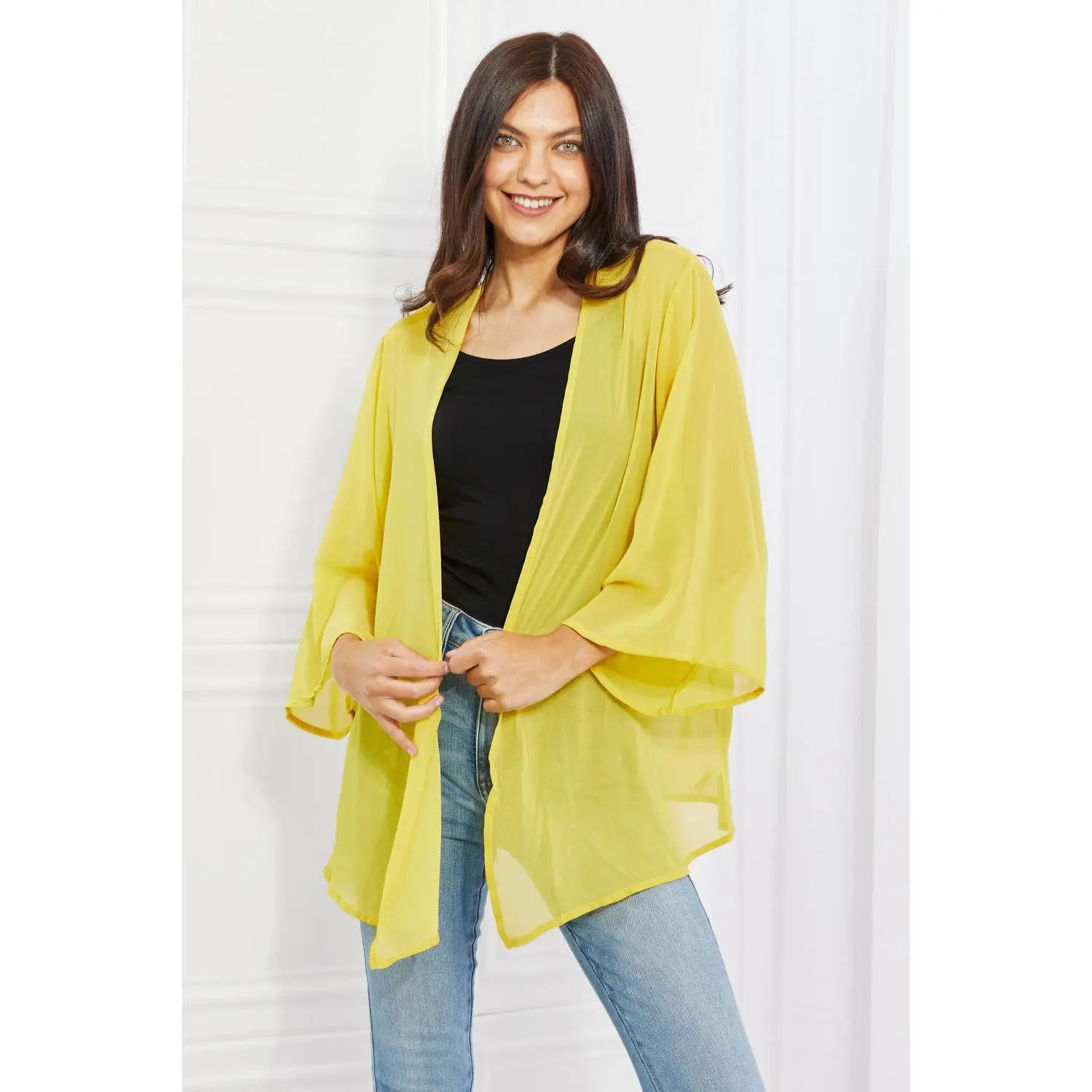Melody Just Breathe Full Size Chiffon Kimono in Yellow