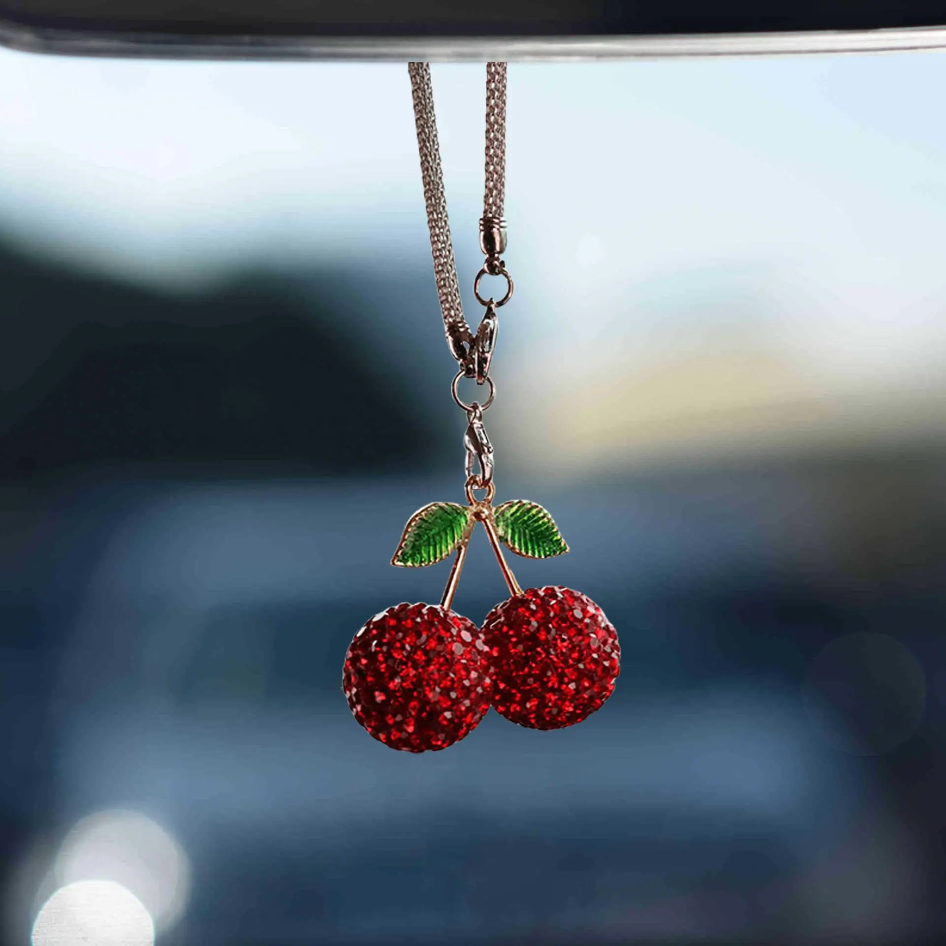Shiny Cherry Car Pendant, Cute Crystal Rearview Mirror Charm, Shiny Diamond Rearview Mirror Decoration, Lucky Car Interior Accessories, Car Hanging Decoration, Car Ornament