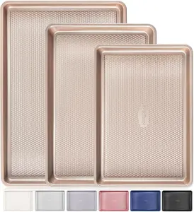 Baking Sheet Pan Set of 3 – Nonstick Cookie Sheets for Oven, Half/Quarter/Jelly Roll Pans with Diamond Texture, Heavy-Duty Carbon Steel, Champagne Gold