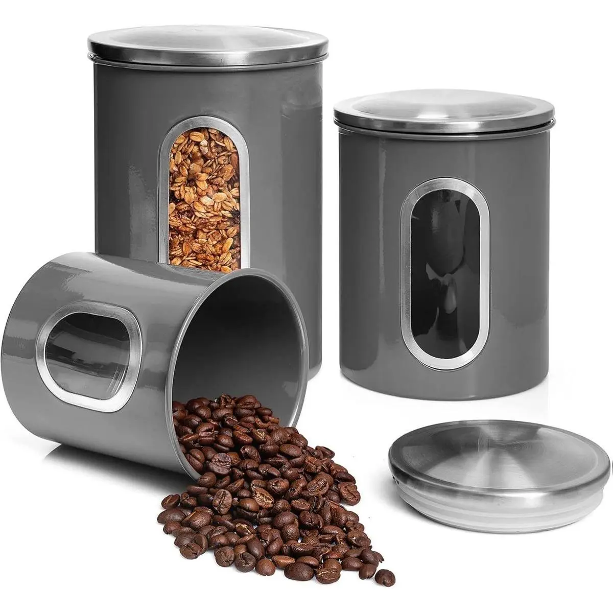 3 Piece Gray Canisters Sets For The Kitchen, Kitchen Jars With See Through Window, Airtight Coffee Container, Tea Organizer & Sugar Canister, Kitchen Canisters Set of 3, Grey