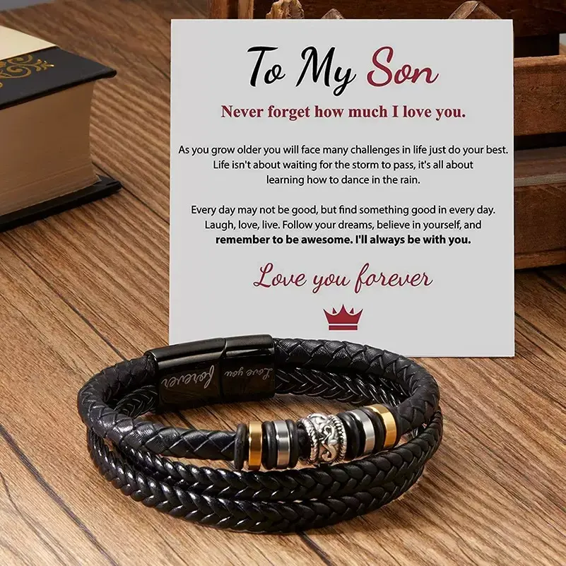 Mens Genuine Leather Multi-Layer Braided Bracelet with Stainless Steel Clasp & Metal Coating, Daily Casual Male Inspirational Gift for Son/Nephew (Birthday, Christmas), Nephews, Retro, Bracelets, Teenage Boy Gifts