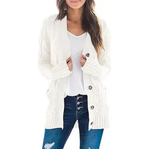 Women's 2024 Autumn Long Sleeve Cable Knit Sweater Cardigan Button Loose Coat