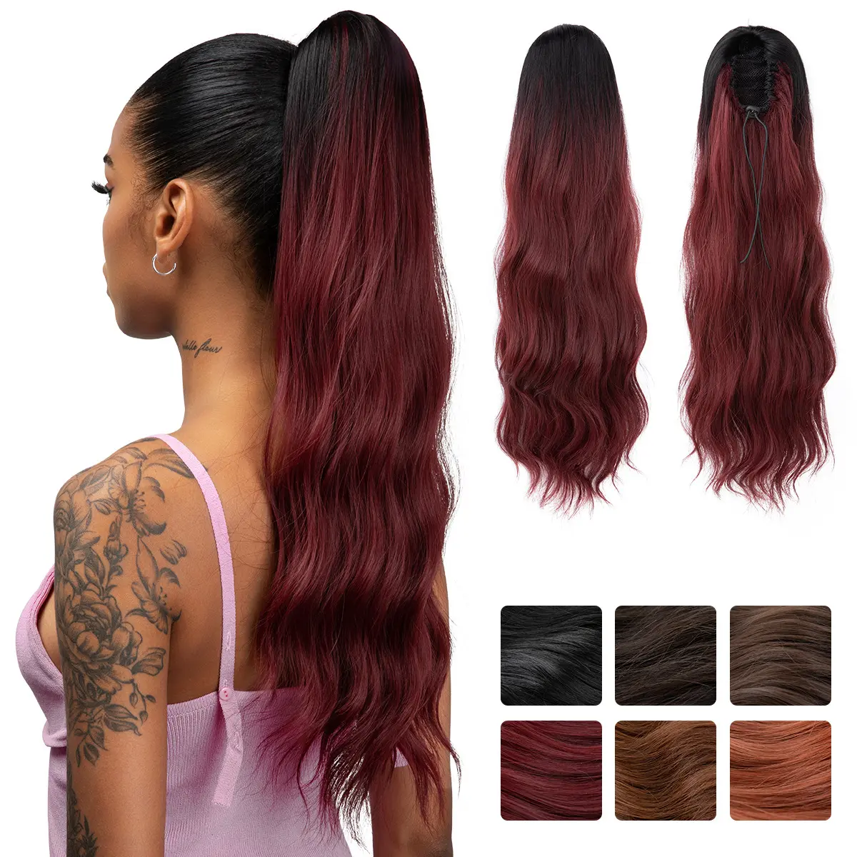 VASILIA Drawstring Ponytail Extensions 22 Inch Long Wavy Pontail Extension Synthetic Fake Pony tail  Extension Water Wave Curly Synthetic Ponytail Extension Drawstring Hair Extension Ponytail Updo Hair Woman Daily Use Party