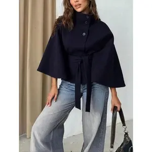 Women's Plain Front Buckle Belted Woolen Cape Coat, Casual Fall & Winter Outerwear, Stylish Daily Wear for Dating