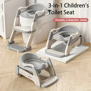 Portable children's toilet training toilet seat set (including step stool) - adjustable folding potty with safety belt, lightweight plastic material, suitable for home, staircase and travel scenes, needs to be assembled (gray model)