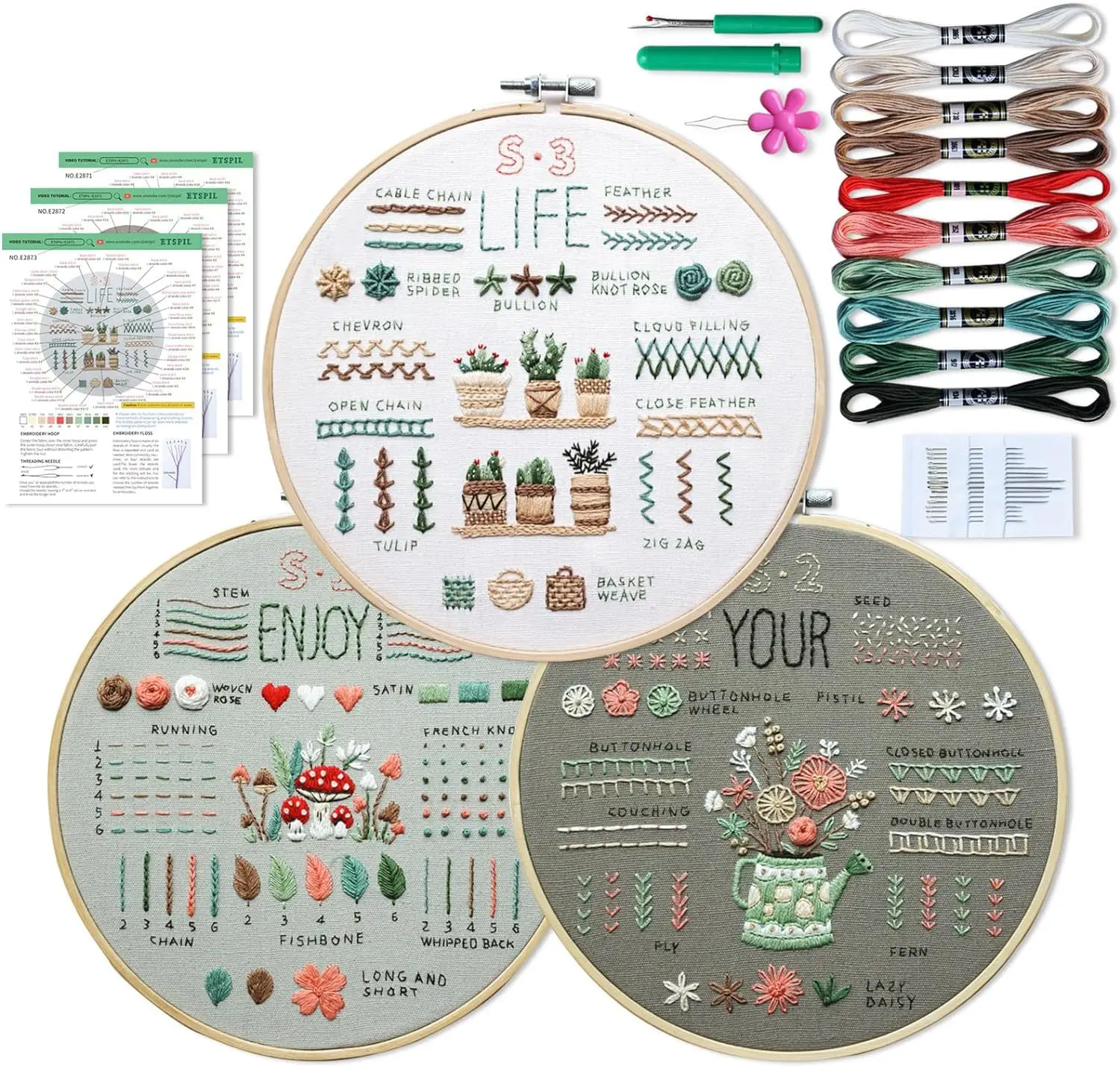 Embroidery Kit for Beginners: 48 Video Tutorials, Magnetic Needle Minder, Pre-Printed Floral Patterns, and Complete Starter Supplies – Relaxing DIY Craft Kit for Women, Adults, and Home Beginners