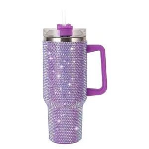 Rhinestone Decor Tumbler, 40oz Insulated Stainless Steel Double Wall Water Cup, with Lid & Straw, Travel Mug, Water Bottle for Women