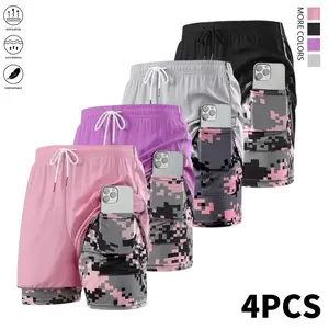 Pack of 4 women’s casual athletic shorts with a drawstring elastic waistband and built-in liner; color-block design suitable for outdoor sports, fitness, running, and casual wear; women’s shorts, athletic shorts, womenswear