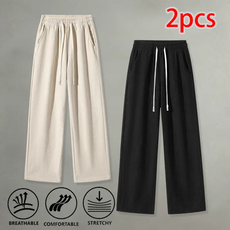 Men’s trendy corduroy straight-leg pants, two-piece set – solid brown/dark blue, elastic waistband, loose long trousers, casual fashion for autumn and winter