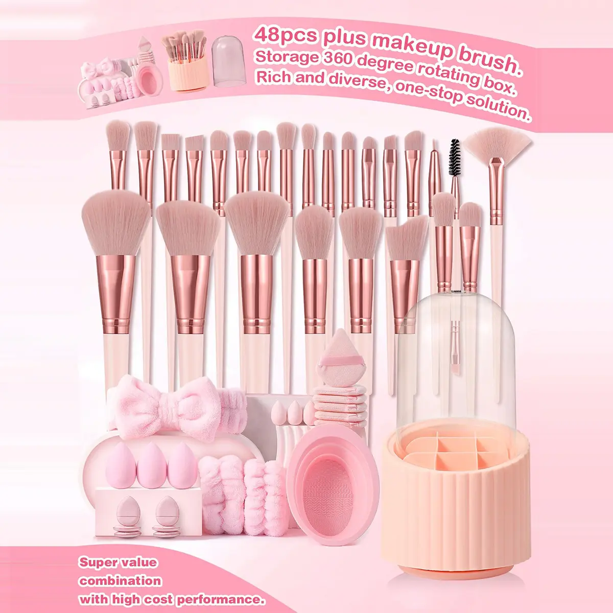 48PCS All-In-One Smooth Makeup Tools Set 25 Professional Makeup Brushes Regular & Mini Sponges Triangle & Mini Air Cushion Powder Puffs Hairband Wrist Straps Brush Cleaner With Portable Storage Bucket For Daily Facial Makeup Application, Flawless, Cosmeti