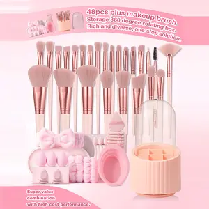 48PCS All-In-One Smooth Makeup Tools Set 25 Professional Makeup Brushes Regular & Mini Sponges Triangle & Mini Air Cushion Powder Puffs Hairband Wrist Straps Brush Cleaner With Portable Storage Bucket For Daily Facial Makeup Application
