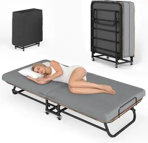 Folding Bed with Mattress, Portable Foldable Roll Away Bed on Wheels for Adults, Memory Foam Mattress and Metal Frame, Space Saving Fold Up for Easy Storage, 75" x 31"（Grey）