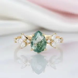 Classic Pear-cut Moss Agate Cluster Ring with Marquise-cut Side Stones