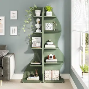 LustreC Corner Shelf, Modern 5-Tier Wall Corner Bookshelf, Stylish Corner Small Bookcase Storage Rack Plant Stand with Unique Shape for Living Room, Home Office (Sage Green, 2PCS/1pcs)