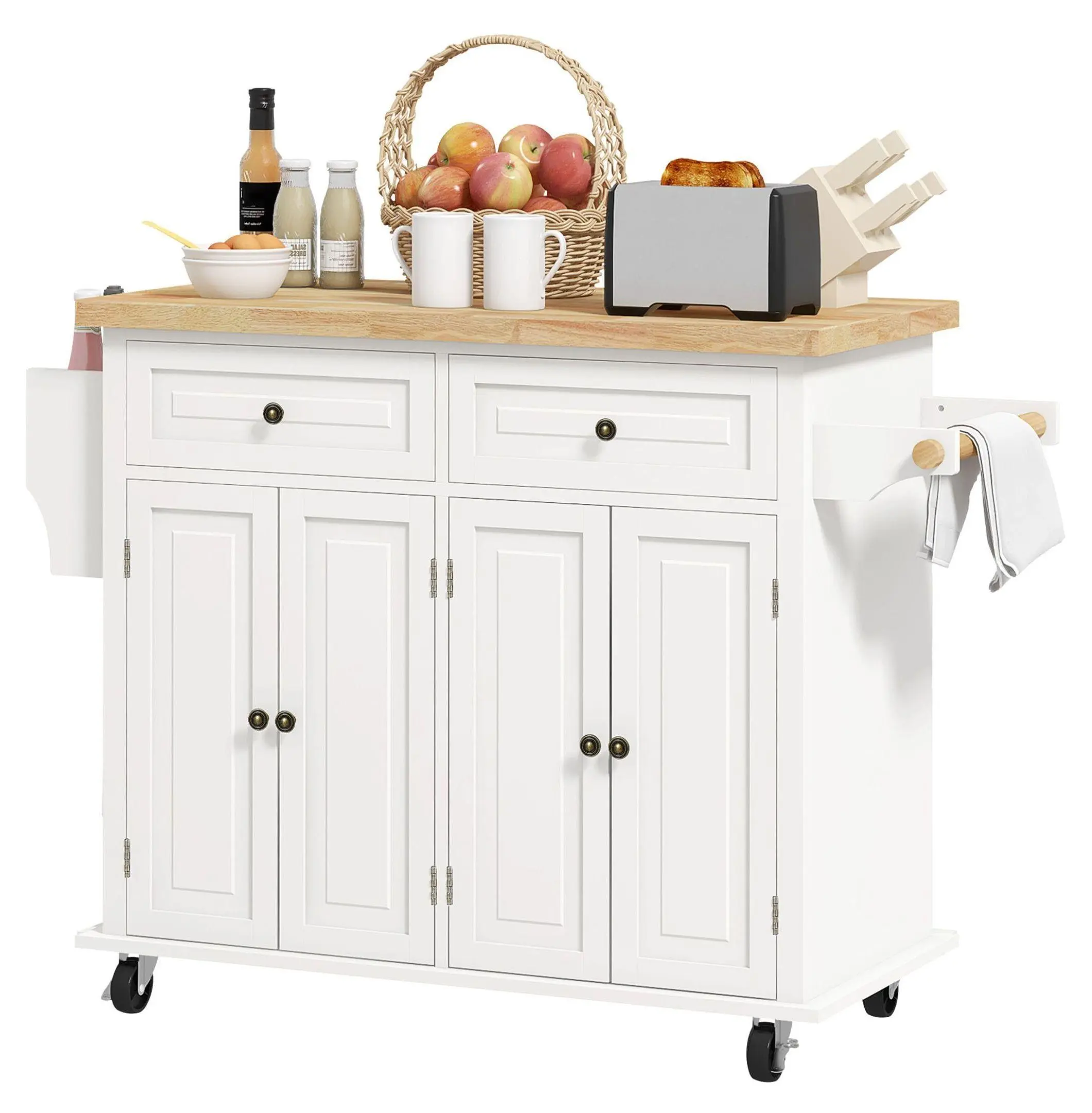 Kitchen Island on Wheels, Rolling Cart with Rubberwood Top, Spice Rack & Drawers, Cream White - Portable Kitchen Storage Default Title