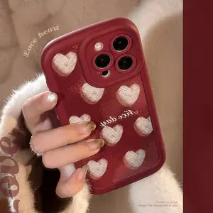 Crayon heart gradient phone case for iPhone 15 silicone 16 compatible with 14 Pro Max vintage wine red 12 full cover 13