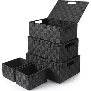 Storage Bins Baskets for Organizing with , Storage Baskets for Shelves Stackable Woven Basket,  Small Basket Storage Cubes, Decorative Wicker Basket with Built-in Handles (5 Pack, Black)