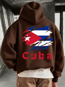 Men's Cuba Front & Back Print Hoodie, Fall Winter Casual Regular Fit Long Sleeve Hooded Sweatshirt, Fashion Daily Wear Clothing