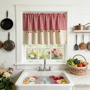 1 PC Red Gingham Curtain Valance for Kitchen Cabinet Decor Check Plaid Semi-Sheer Curtain Tiers with Red Cherry Pompoms for Small Windows Rod Pocket Valances for Living Room Privacy