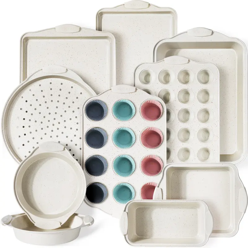 Kikcoin Deluxe 22-Pieces Baking Supplies Set - Durable Nonstick Carbon Steel Bakeware, Premium Nonstick Coating, Non-Toxic BPA-Free, Silicone Handles, 12 Reusable Cups, Loaf Pan, Easy Clean, Oven Safe, Beginner-Friendly, Non-Stick Coating Casserole Dishes