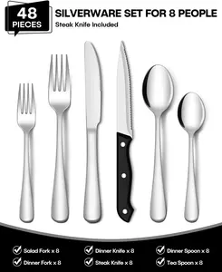 48-Piece Silverware Set with Steak Knives, Heavy Duty Stainless Steel Flatware Set for 8, Food-Grade Tableware Cutlery Set, Utensil Sets for Home Restaurant, Mirror Finish, Dishwasher Safe