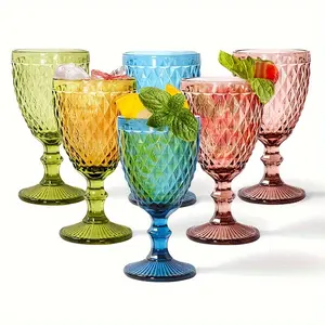 6pcs, 10oz Wine Glasses, Colored Glass Goblet with Diamond Pattern, Embossed High Clear Glassware For Party and Wedding For Party, Wedding, Bar, Juice, Beverage