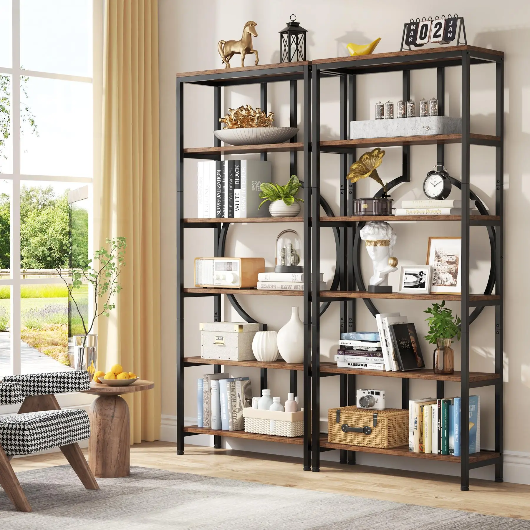 TRIBEWOOD 70.9" H x 27.6" W x 11.8" D Freestanding Industrial Bookshelf - 6-Tier Tall Etagere with Open Adjustable Shelves, Black Steel Storage Unit for Living Room, Home Office (Assembly Required)