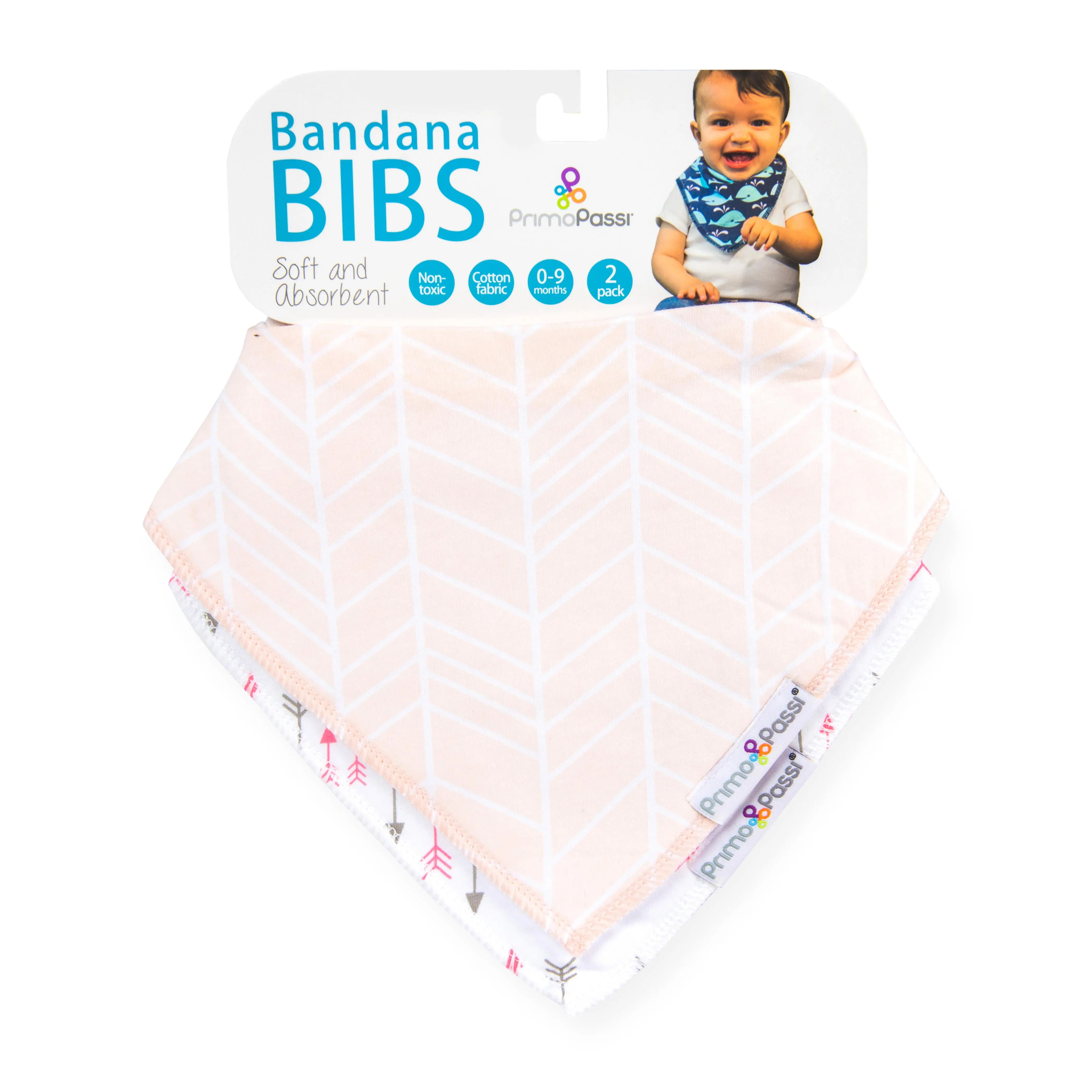 Primo Passi White/Pink Arrows Bandana Bib for Baby Girls Soft Absorbent Muslin Burp Cloths 100% Cotton Front 100% Polyester Fleece Back Non-Allergenic Non-Toxic 2 Pack