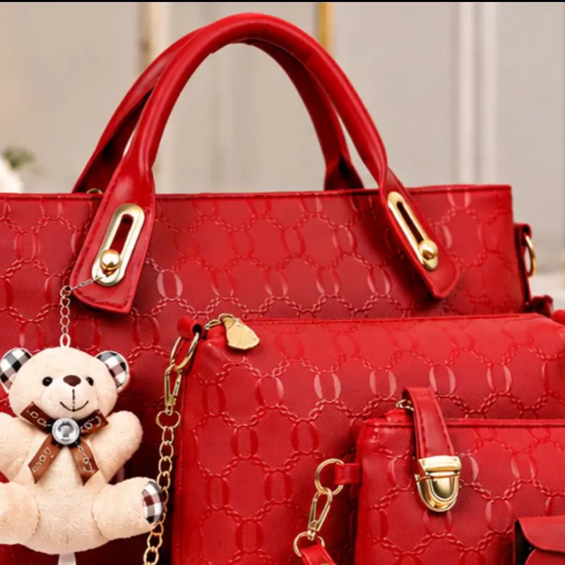 Women’s Red Handbag Set – 4-Piece Matching Purse Collection with Tote Bag, Shoulder Bag, Wristlet, Mini Wallet & Cute Teddy Bear Charm
