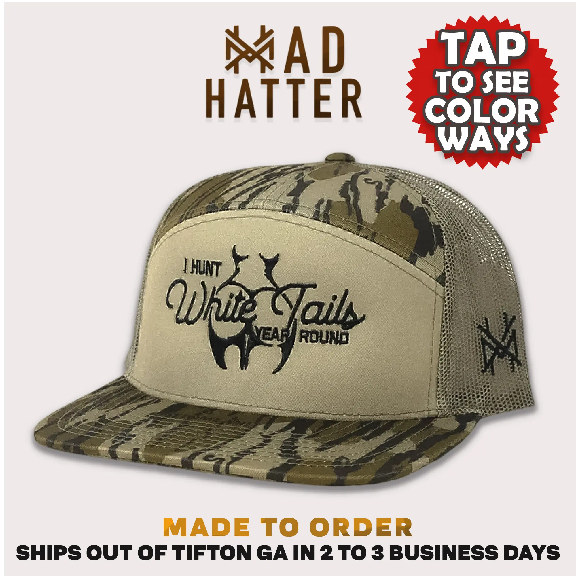 I Hunt White Tails Year Round Embroidered Snapback Adjustable (Up To A Size 8 Head) Premium Trucker Hat I Hunt White Tails Year Round Embroidered Snapback Adjustable (Up To A Size 8 Head) Premium Trucker Hat