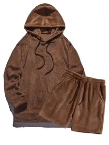 Men's Fleece Loungewear Set - Hooded Sweatshirt with Drawstrings, Matching Shorts, Soft Plush Fabric. Perfect for Transitioning from Lazy Weekend Mornings to Casual At - Home Relaxation. Elevate Your Lounge Experience with Cozy Comfort & Effortless Style