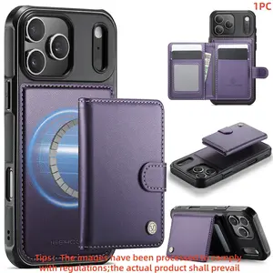 For iPhone 17-13 Pro Max Case, Rfid Shielded Wallet with 3 Card Slots & 2 Pouches, Unisex Design, Shockproof, Magnetic Closure, Solid Pattern