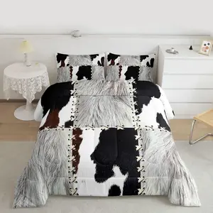 Kids Cow Fur Printed Comforter Set,Cowhide Pattern Bedding Set,Farmhouse Comforter Western Farm Animal Skin Plaid White Duvet Set