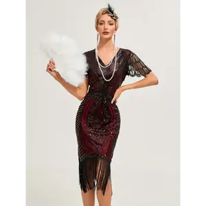 1pc Vintage Gatsby Sequin Dress, 1920s Flapper Tassel Short Sleeve Party Banquet Dance Dress, Polyester 100%, Contrast Detail, V-Neck Fitted Woven Dress for Adults - All Seasons(Sheet)