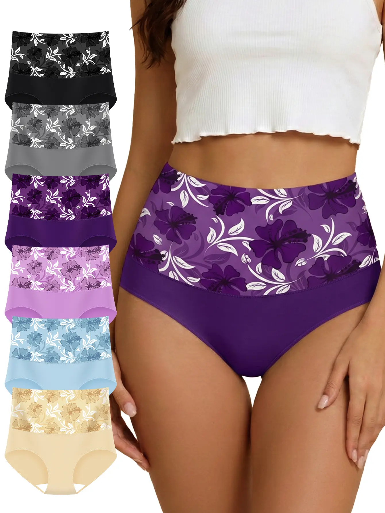 Women's 6Pcs Highwaist Panty Shapewear Briefs - Elegant Soft Panties, Nylon Knit Fabric, Medium Stretch, Comfy Breathable Knicker, Fit Design, Smooth for Everyday Summer Wear